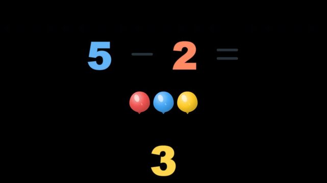 Playful educational subtraction animation for kindergarten and preschool children. Balloons appear then some fly away to visually demonstrate subtraction. Numbers, minus, and equals signs reveal in se