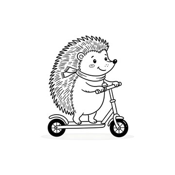 Cute cartoon hedgehog character riding a small kick scooter black and white line art vector illustration