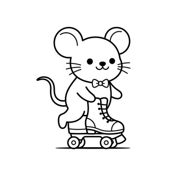 Cute cartoon mouse character wearing a bow tie riding on a roller skate outline drawing