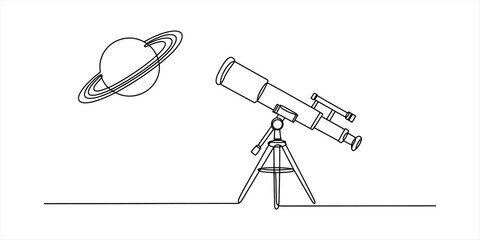 Continuous single line drawing of a telescope looking at the planet saturn in deep space science and astronomy concept © Next to Work