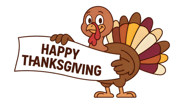 Cute cartoon turkey holding a white banner with happy thanksgiving text on a white background