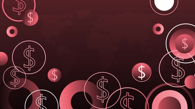Abstract dark financial background with dollar signs in circles and a world map pattern animation
