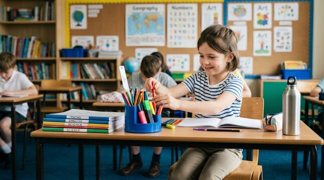 Smiling young girl organizing school supplies at her desk. Elementary student in a classroom with notebooks and pencils. Back to school concept