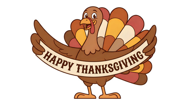 Cartoon illustration of a brown turkey holding a happy thanksgiving banner on a white background
