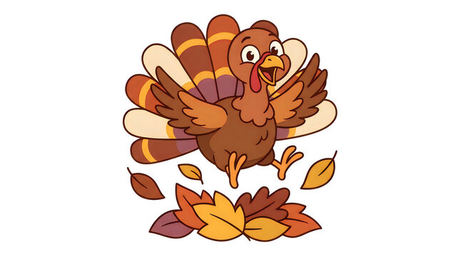 Cute cartoon turkey bird with spread wings standing on a pile of colorful autumn fallen leaves