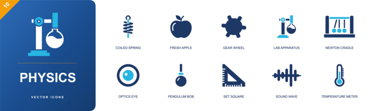 Physics icon set. Duotone flat vector icons of newton cradle, pendulum, coiled spring, sound wave and gear for physics and science concepts.