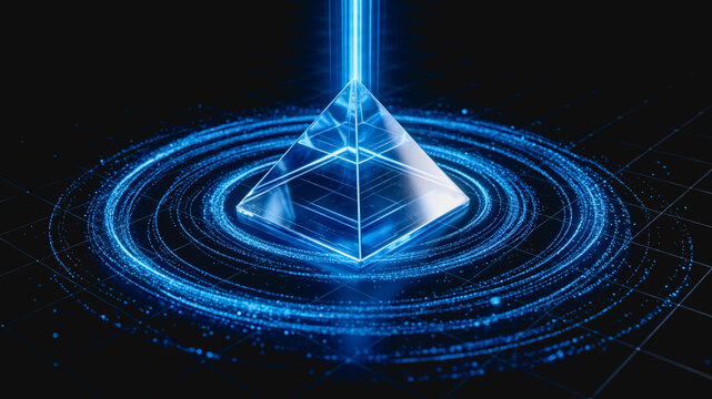 Glowing Transparent Pyramid with Blue Light Rays and Circular Particles