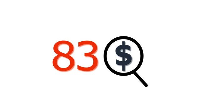 83 dollar price tag with magnifying glass animation for e-commerce and financial marketing search discount