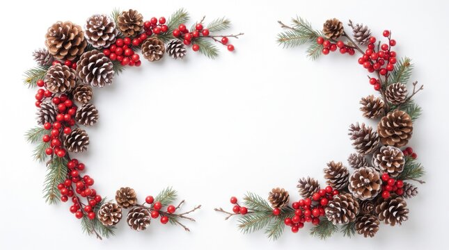 Festive christmas frame made of pine cones red berries and evergreen needles on white background