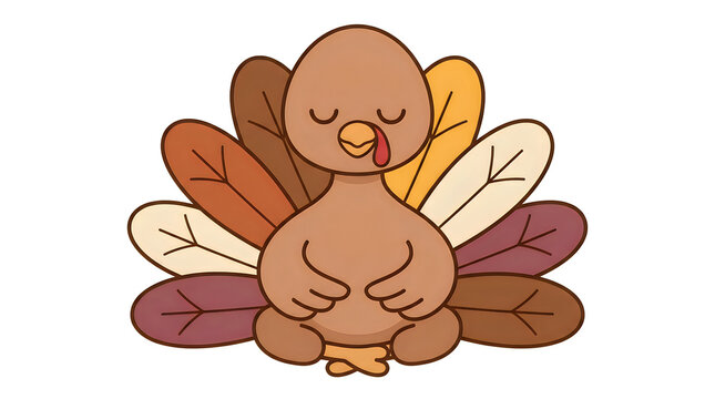 Cute cartoon turkey illustration with colorful autumn feathers isolated on a white background for thanksgiving