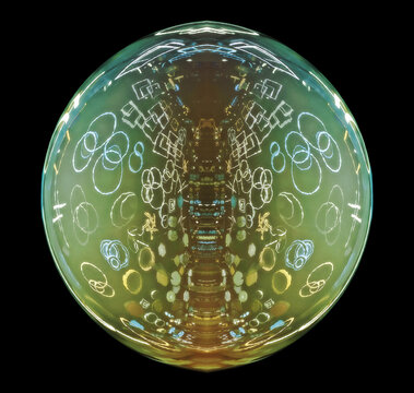 translucent glass dome with a creative collection of interlocking rings, and geometric doodles, giving it the look of a custom-designed light fixture shade or an immersive projection lamp dome
