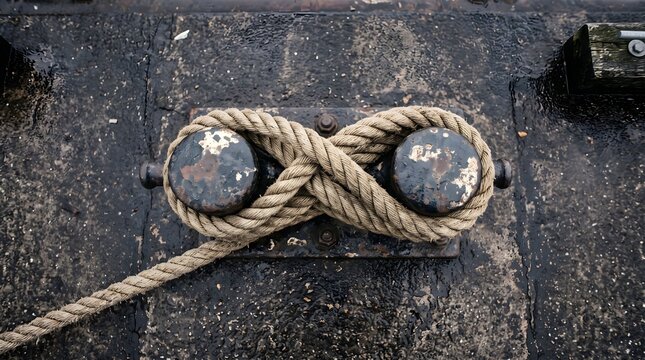Nautical rope tied in infinity knot on metal cleat. Marine mooring rope on rusty dock. Industrial maritime hardware for ship docking.