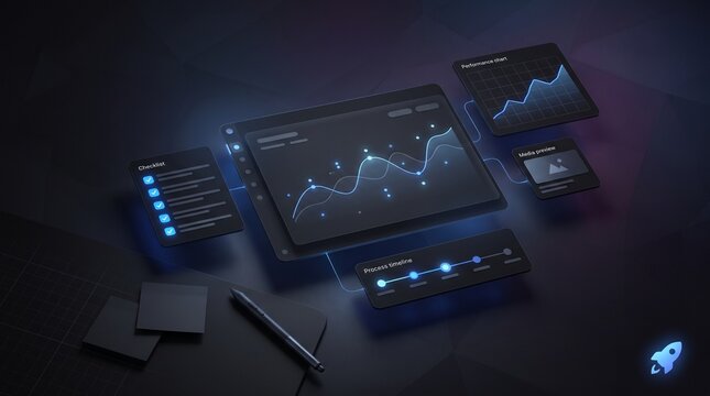 Futuristic UI glassmorphism dashboard elements featuring data analytics charts and workflow timelines for software interface design visualization