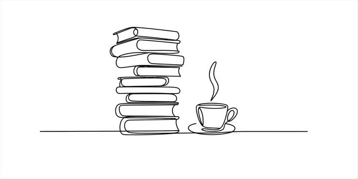 Continuous single line drawing of a stack of books and a steaming cup of coffee on a table
