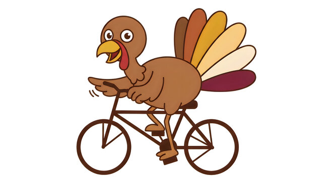 Funny cartoon illustration of a brown turkey riding a bicycle on a white background for thanksgiving