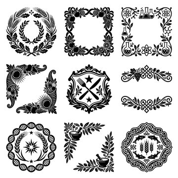 Black and white vector collection of decorative frames and emblems featuring agricultural wreaths, culinary crests, science laboratory symbols, DNA helix, and medicinal mortar icons.