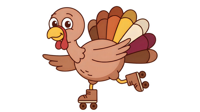 Cute cartoon turkey wearing roller skates and gliding on a plain white background for thanksgiving celebrations