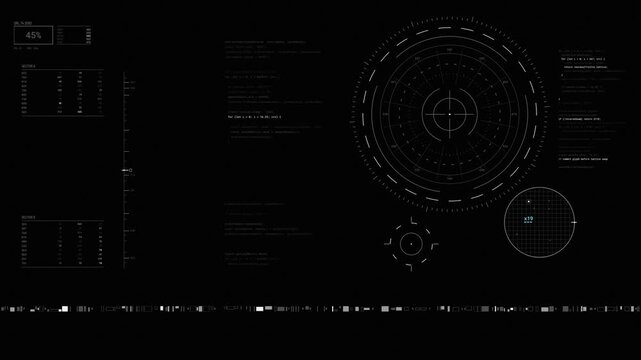 Animated futuristic HUD radar dial with concentric rotating rings, code readouts, sector data tables and barcode strip on black, sci fi screen display