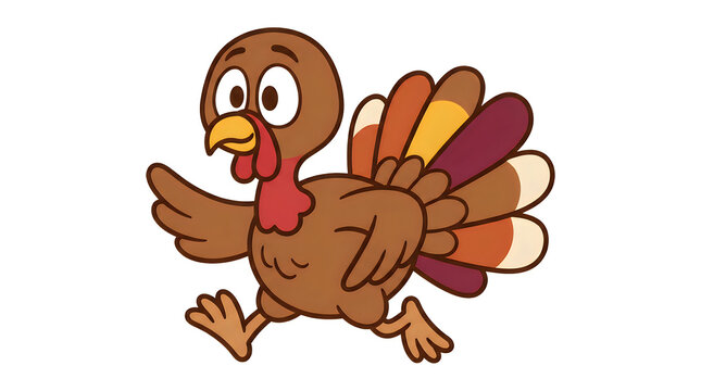 Cute cartoon turkey character with colorful tail feathers walking on a plain white background