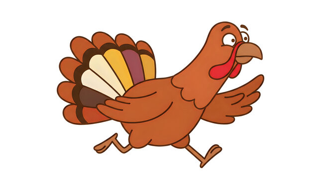 Funny cartoon illustration of a scared brown turkey running away on a plain white background