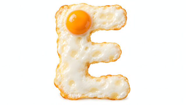 Photorealistic uppercase letter E formed from a single fried egg with a bright golden yolk and lightly browned crispy edges, isolated on a clean white background.