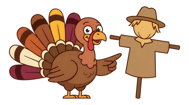 Cartoon illustration of a brown turkey standing next to a scarecrow on a white background