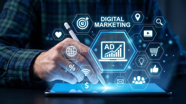 Man using digital tablet with marketing analytics and advertising campaign icons interface market strategy data analytics business growth social media online adverti