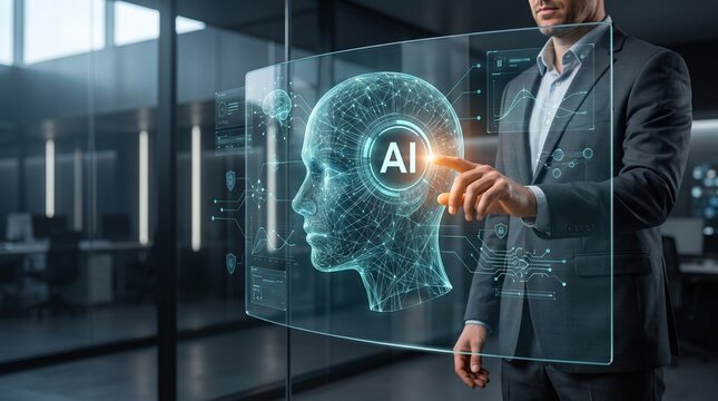 Executive interacting with digital artificial intelligence face hologram in modern corporate office AI technology future technology humanoid AI digital head