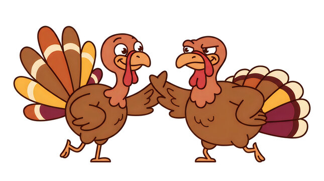 Cartoon illustration of two happy turkeys high fiving each other on a plain white background