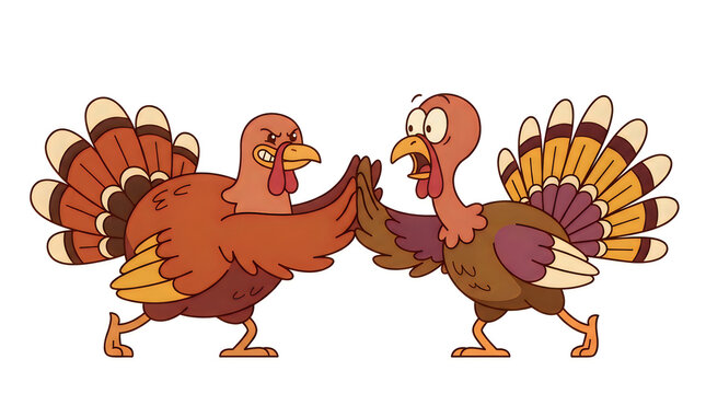 Cute cartoon illustration of two turkeys dancing together on a white background for thanksgiving celebration