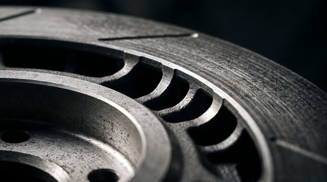 High-performance ventilated brake disc close-up. Slotted steel rotor for automotive racing. Industrial metal car part detail.