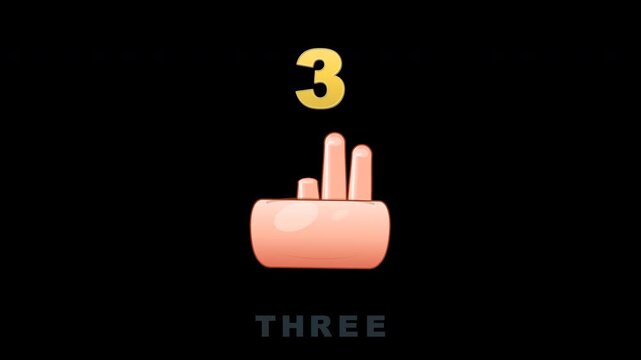 Playful educational finger counting animation for kindergarten and preschool children. A friendly cartoon hand raises fingers one by one while numbers and English words reveal to teach counting from 1