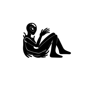 Stylized black silhouette of a sitting multi-armed cosmic entity or alien figure vector illustration. Represents sci-fi, aliens, indie gaming, futuristic character design, occult or surreal art