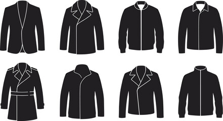 Set of men's outerwear icons including blazers, coats, jackets, and parkas for fashion design and retail collections. © Manik