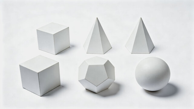 Set of White Geometric Solid Shapes On Plain Background