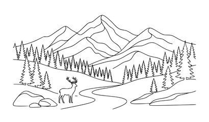 Fototapeta premium Minimal Mountain Landscape with Deer Forest and River Line Art