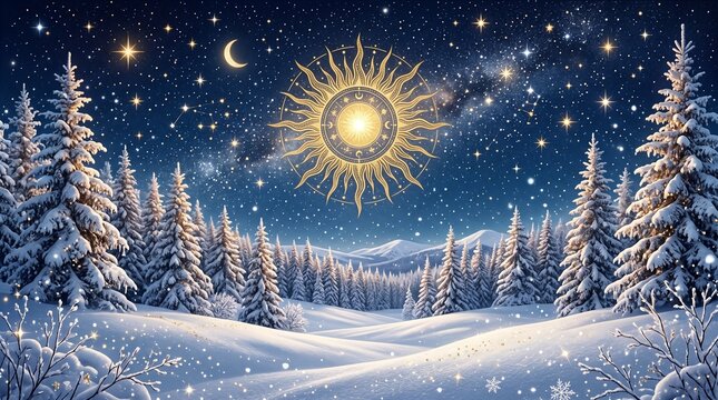 Luxury winter solstice background, gold sun, snow, stars, copy space