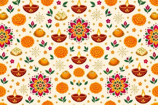 Versatile seamless Diwali pattern with diyas, floral motifs, marigolds and sweets for packaging, textile and festive decor.