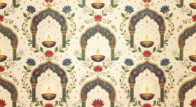 Luxury seamless Diwali pattern with ornamental arches, diyas and floral motifs for premium packaging and festive retail.