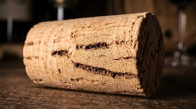Natural wine cork macro, textured wooden bottle stopper, rustic cellar background with oak barrel and glass