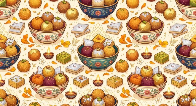 Seamless Diwali sweets pattern with laddoo, kaju katli, barfi and diya motifs for festive food packaging and retail design.