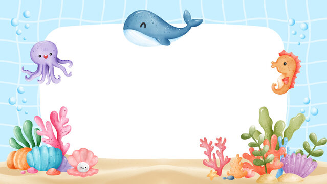 Cute under the sea underwater world background presentation with whale and octopus