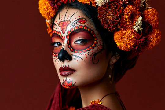 Woman wears vibrant floral crown. Her face features intricate sugar skull makeup. Rich reds and oranges dominate her appearance. Her gaze softly gazes off to the side. She appears calm, contemplative