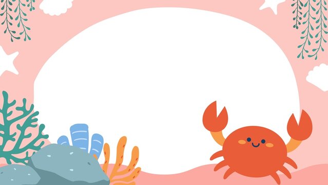 Cute pink ocean frame background presentation with smiling cartoon crab and coral