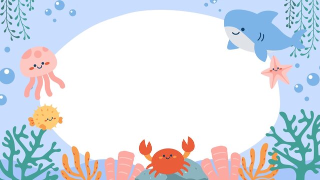 Cute underwater ocean frame background presentation with shark jellyfish and crab