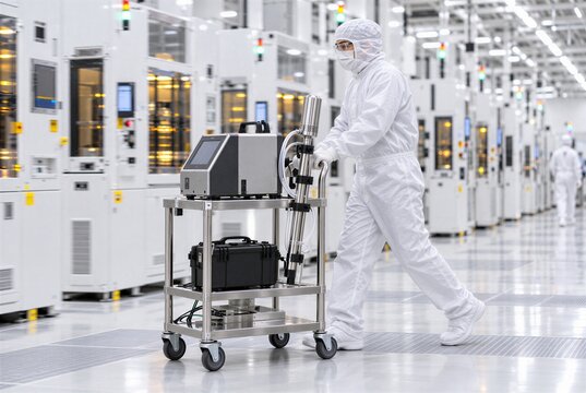 Cleanroom technician transporting a portable airborne particle counter through a semiconductor fab aisle, mobile contamination monitoring workflow and facility quality control concept