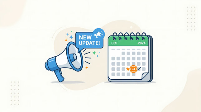 A megaphone announces a new update notification next to a monthly planner calendar highlighting an important scheduled date for business communication planning and time management marketing