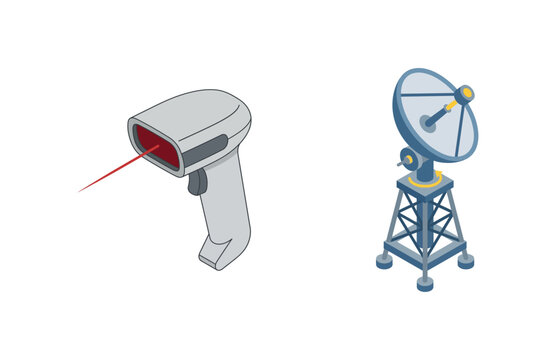Isometric vector illustration of a barcode scanner device and a satellite dish telecommunication tower