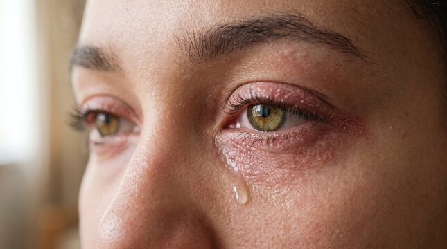 Macro Close-Up of Crying Eye with Tear and Irritated Red Eyelids