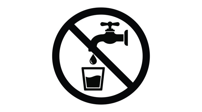 Minimalist vector graphic illustration showing a prohibition sign regarding drinking water from a public tap faucet